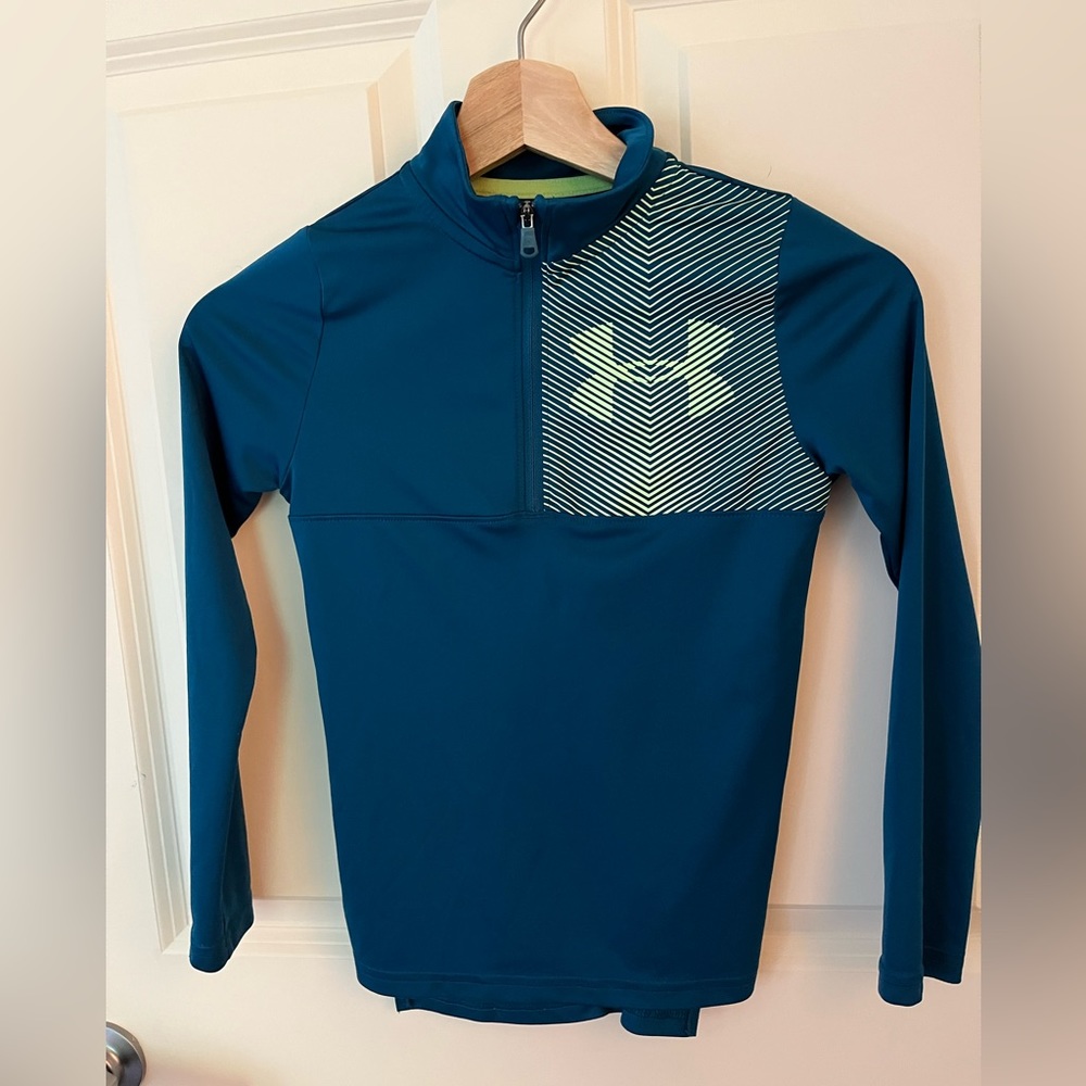 Boy’s S Under Armour 1/4 zip deep turquoise with lime green design. GUC.